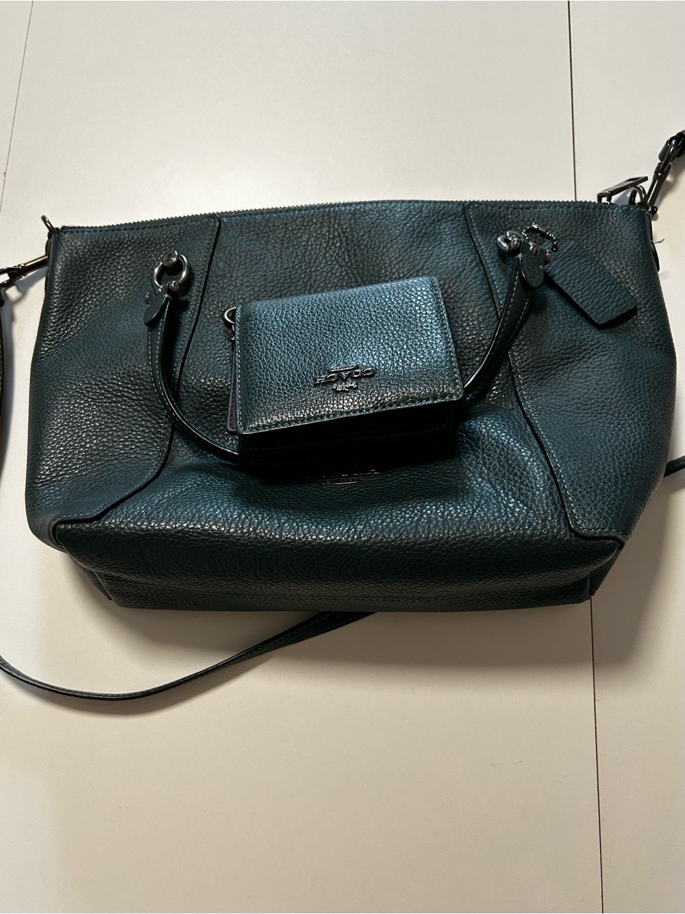 Coach Dark Green Pebbled Leather Shoulder Bag with Removable Wallet